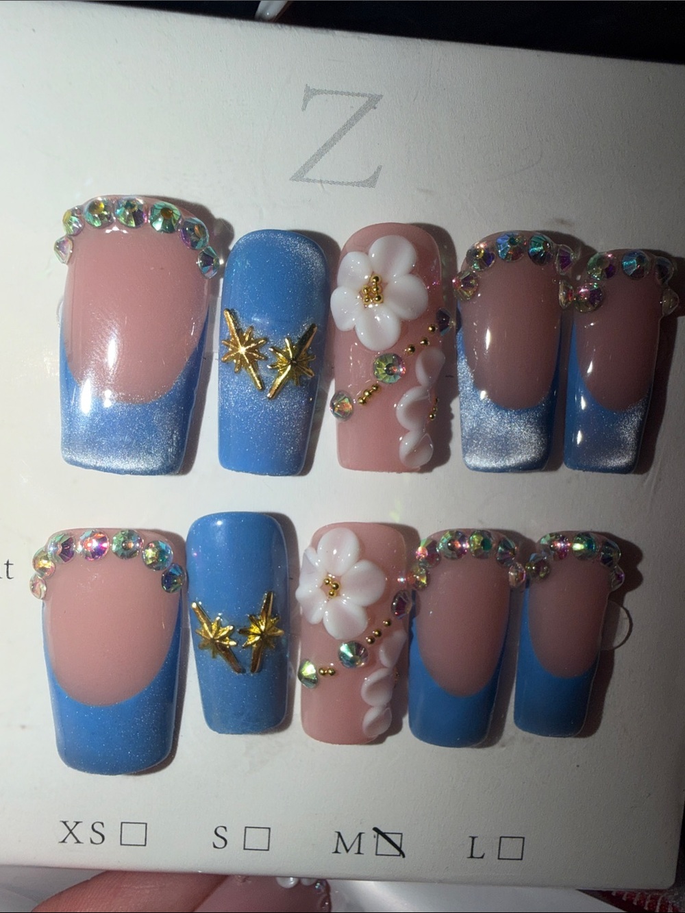 Blue & Pink Floral Rhinestone Press-On Nails